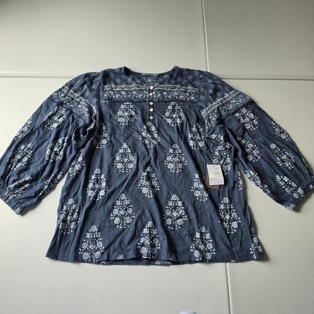 J.Jill Pure Jill Tunic Top Womens Medium Blue Floral Border Print 3/4 Sleeve
